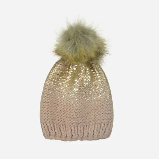 Pearl Metallic Hat with Fur Pom | Pink Gold | The Blueberry Hill