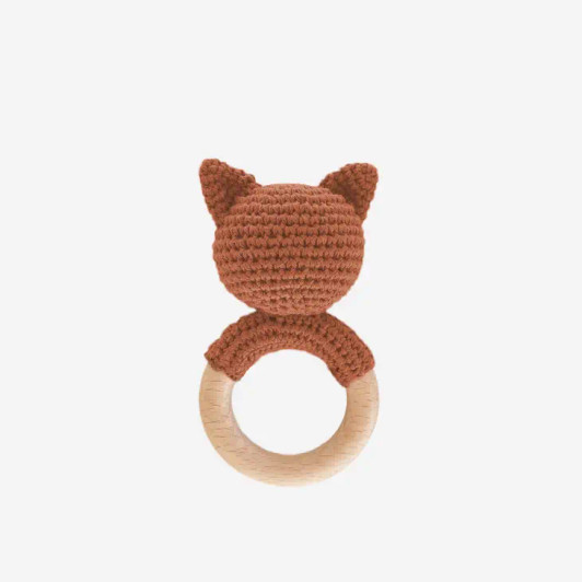 Cotton Crochet Rattle Teether Fox, Clay