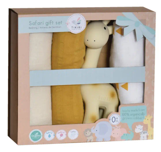 Giraffe Gift Set | Three Muslin Squares with Giraffe Rubber Teether | Tikiri Toys