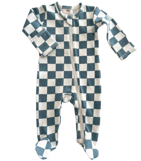 Blueberry Muffin Checkerboard | Organic Frill Zip Footie | Siix Collection