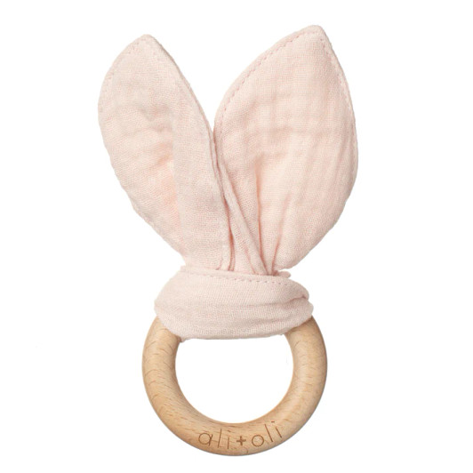  Crinkle Bunny Ears Wooden Ring Teething Toy for Baby | Pink | Ali Oli