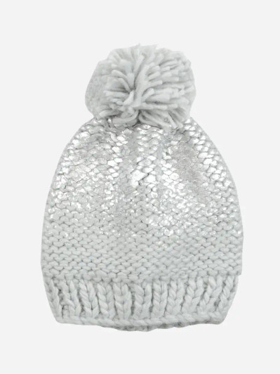 Pearl Metallic Knit Hat with Yarn Pom | The Blueberry Hill