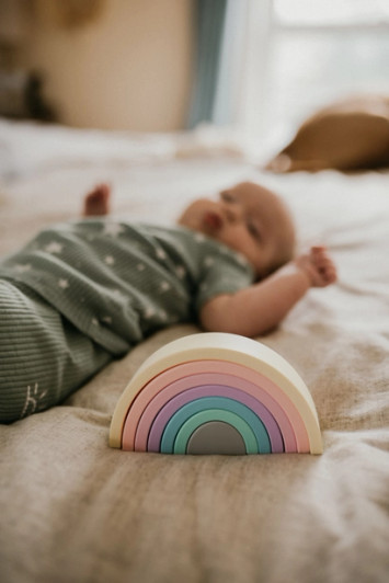 Rainbow Silicone Stacker Toy | Oatmeal | Three Hearts