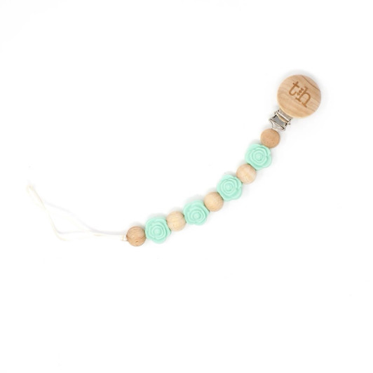 Grande Rosette Pacifier Clip | BPA Free Silicone & Natural Beech Wood | Mint | Three Hearts