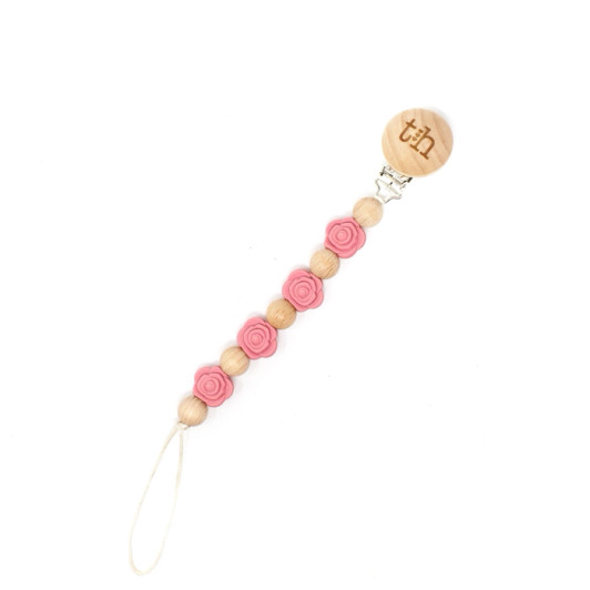 Grande Rosette Pacifier Clip | BPA Free Silicone & Natural Beech Wood | Dusty Rose | Three Hearts