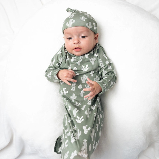 Stay Sharp Cactus Viscose Bamboo Swaddle Knotted Gown and Hat Newborn Baby Gift Set | Emerson and Friends