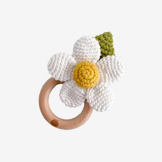  Cotton Crochet Rattle Teether Flower, White | The Blueberry Hill