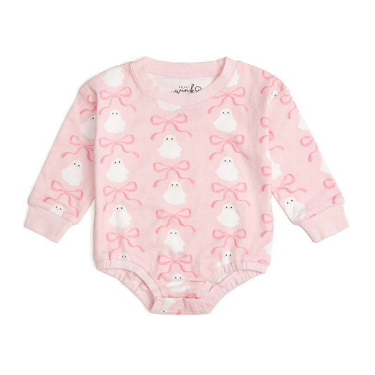 Coquette Ghost Halloween Long Sleeve Romper - Pink