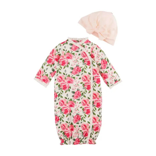 Mud Pie Rose Floral Gown & Cap Take Me Home Set