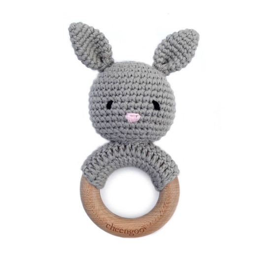 Cotton/Wood Teething Rattle | Bunny | Grey |  Cheengoo