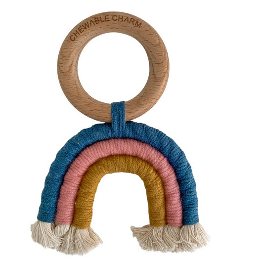 Macrame Beechwood Rainbow Teether | Teal + Rose