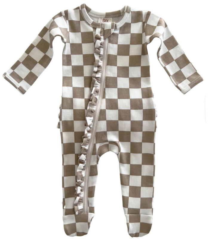 Tiramisu Checkerboard | Organic Frill Zip Footie | Siix Collection