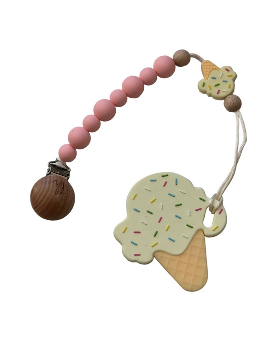 Ice Cream Pacifier And Toy Clip With Teether Bundle | Vanilla Ice Cream | Three Hearts