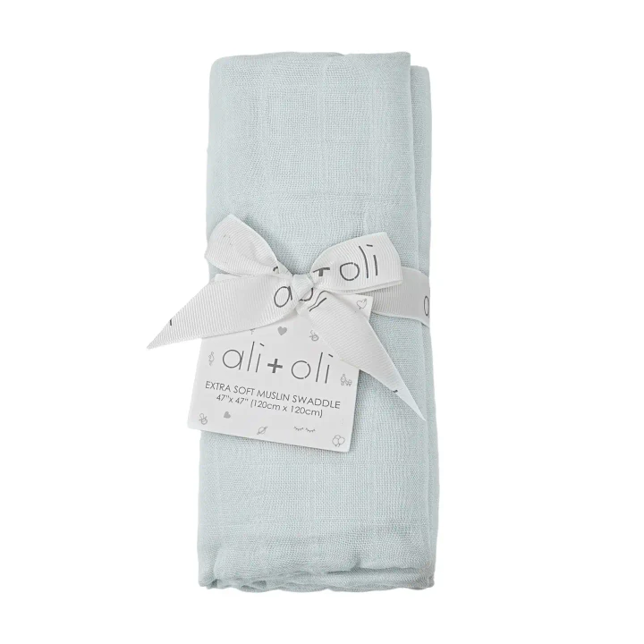 Wrap your baby in the gentle embrace of the Ali + Oli Muslin Swaddle Blanket in Misty Sky.