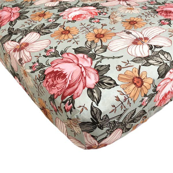 Crib Sheet Garden Floral Sea Foam | Mini Scout