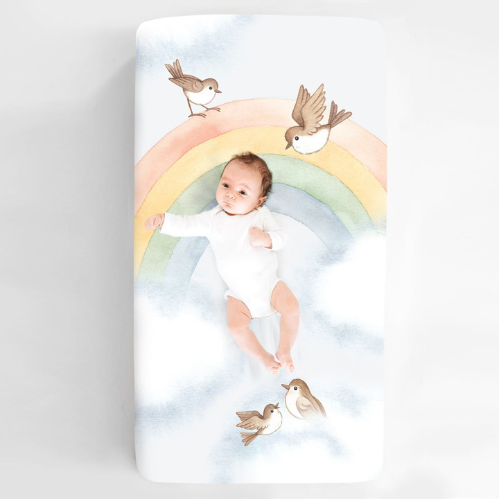 Rainbow and Birds Standard Size Crib Sheet | Rookie Humans