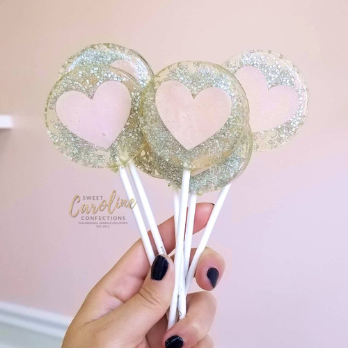 Silver & Pink Heart Lollipops, Champagne Flavor, 10/Case