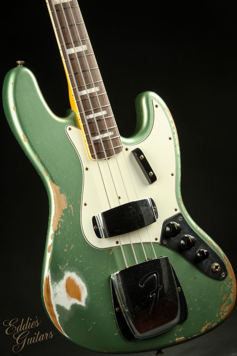 ベース Fender Custom Shop Jazz - Green Sparkle Fender Custom Shop LTD 1966 Jazz Bass Heavy Relic - Sage Green