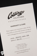 Certificate for Collings 00042  Koa and Old Growth Sitka Spruce Acoustic Guitar
