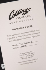 Warranty and Care Sheet for Collings CW Indian Adirondack Spruce and Indian Rosewood Acoustic Guitar