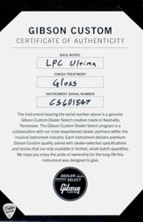 Certificate of Authenticity for Gibson Custom Shop Dealer Select Les Paul Ultima Tree of Life Iguana Burst Electric Guitar