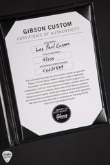 Certificate of Authenticity for Gibson Custom Shop Dealer Select Les Paul Custom 5A Quilt Tree Of Life Cobra Burst Electric Guitar