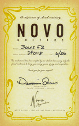 Certificate of Authenticity for Novo Signature Solus F2 Golden Starry Night with Amber Sides and Pinstripe Electric Guitar