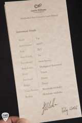 Spec Sheet for Laurie Williams Tui Acoustic Guitar with Swiss Spruce and Madagascar Rosewood
