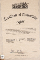 Certificate of Authenticity for Ernie Ball Music Man BFR Majesty 7 Blonde Roast Electric Guitar