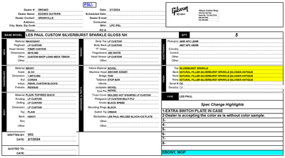 Gibson Custom Shop PSL Les Paul Custom Gloss Silverburst Sparkle Electric Guitar Spec Sheet
