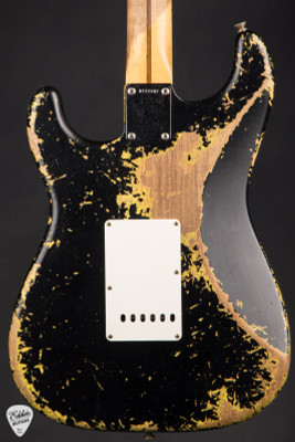 Fender Custom Shop Master Built 1957 Stratocaster Ultra Relic Electric Guitar in Black Over Graffiti Yellow