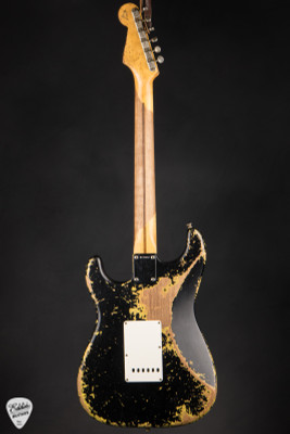 Fender Custom Shop Master Built 1957 Stratocaster Ultra Relic Electric Guitar in Black Over Graffiti Yellow