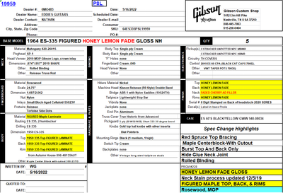 2024 - Gibson Custom Shop PSL '64 ES-335 Figured Reissue Gloss Honey Lemon Fade 7.11 #140499