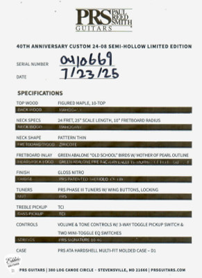 Paul Reed Smith 40th Anniversary Custom 24-08 Semi-Hollow Limited Edition Electric Guitar in Faded Whale Blue