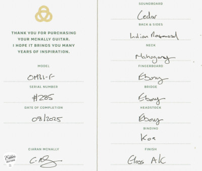 McNally OM31 Acoustic Guitar with Western Red Cedar & Indian Rosewood