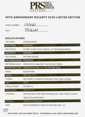 Paul Reed Smith 40th Anniversary McCarty SC56 Limited Edition Electric Guitar in Black Rainbow Hollowflake