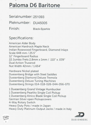 Duesenberg Paloma Baritone Electric Guitar in Black Sparkle