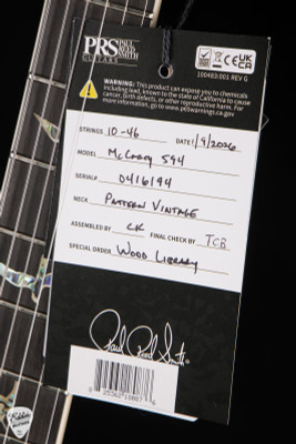 Hang Tag for Paul Reed Smith Eddie’s Guitars Wood Library McCarty 594 Singlecut Swamp Ash Stained Figured Maple Neck Electric Guitar in Black Gold Burst