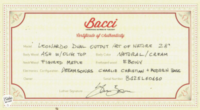 Specs sheet for Bacci guitar
