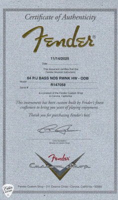 Certificate for Fender Custom Shop 1964 Jazz Bass NOS P J Olive Drab Electric Bass