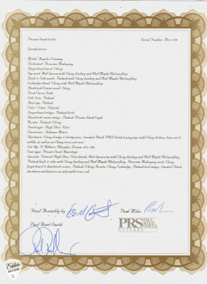 PRS Private Stock Certificate of Authenticity