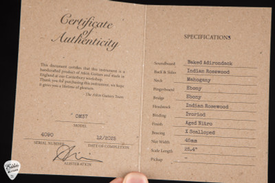 Spec Card for Atkin OM37 Acoustic Guitar with Baked Adirondack Spruce & Indian Rosewood