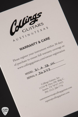 Case Card for Collings D1A Hill Country Sunburst Acoustic Guitar with Adirondack Spruce & Honduran Mahogany