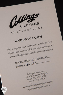 Case Card for Collings 001A 14 Fret Acoustic Guitar with Adirondack Spruce & Figured Mahogany
