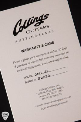 Case Card for Collings OM1 JL Julian Lage Acoustic guitar with Sitka Spruce & Honduran Mahogany