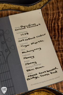 Case Card for 2025 Kevin Ryan Paradiso Grand Concert Acoustic Guitar with Quilted Port Orford Cedar and Tasmanian Tiger Myrtle