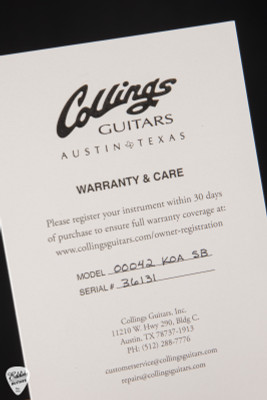 Certificate for Collings 00042  Koa and Old Growth Sitka Spruce Acoustic Guitar