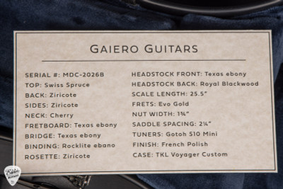 Spec Card for Gaiero MDC Acoustic Guitar with Swiss Spruce & Ziricote
