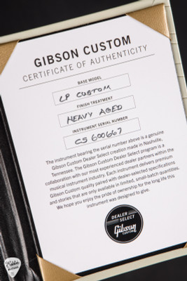 Certificate for Gibson Custom Shop PSL Murphy Lab Les Paul Custom Heavy Aged Gold Mist Poly Electric Guitar