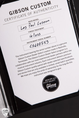 Certificate for Gibson Custom Shop Dealer Select Les Paul Custom Figured Blue Widow Electric Guitar